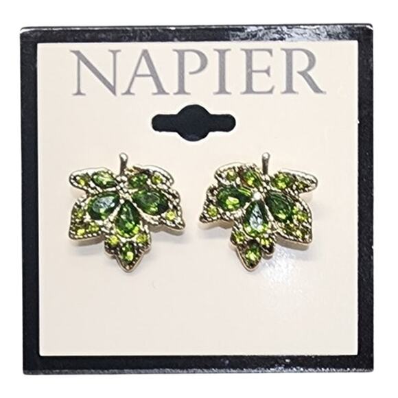NEW Napier Gold Tone Autumn Spiced Green Leaf Jeweled Stud Earrings, Nickel Free - Picture 1 of 4